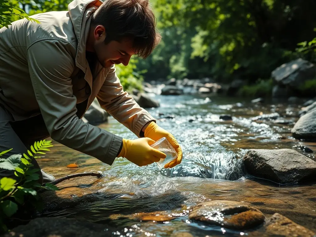 A biologist collecting water samples from a stream, highlighting the scientific monitoring of water quality and ecosystem health.