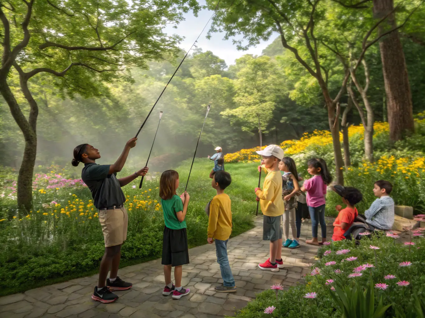 A photograph of a group of children participating in a fishing education program, learning about responsible angling practices and the importance of aquatic conservation. The image highlights the organization's commitment to educating future generations.