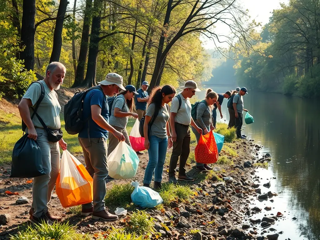 A group of volunteers participating in a river cleanup, removing trash and debris from the riverbank, showcasing community involvement in environmental protection.