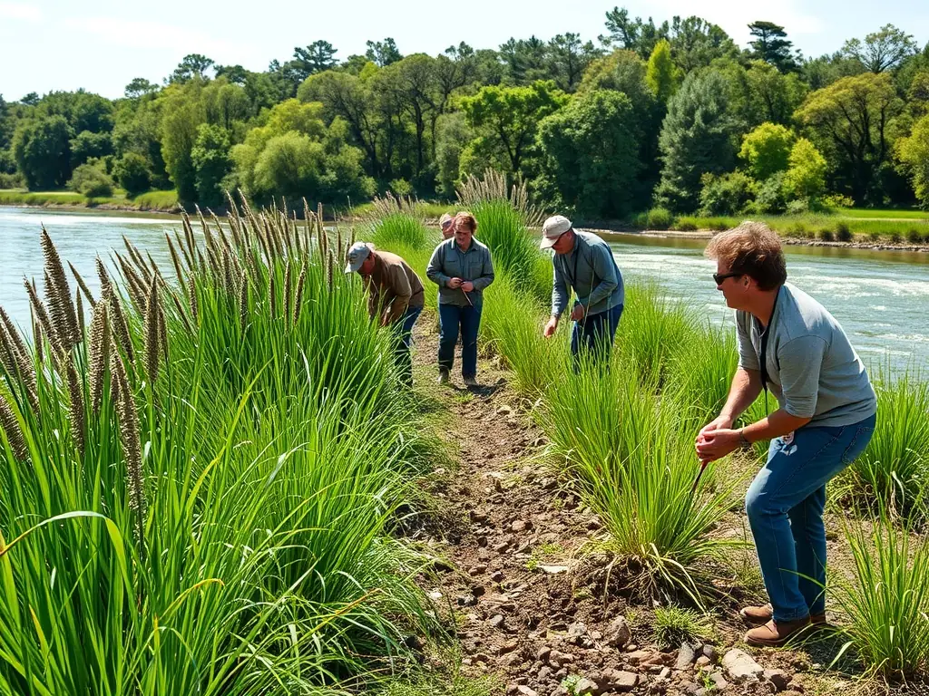 A scenic view of a river restoration project, showcasing volunteers planting native vegetation along the riverbank to stabilize the soil and improve water quality. The image captures the essence of community involvement and environmental stewardship.