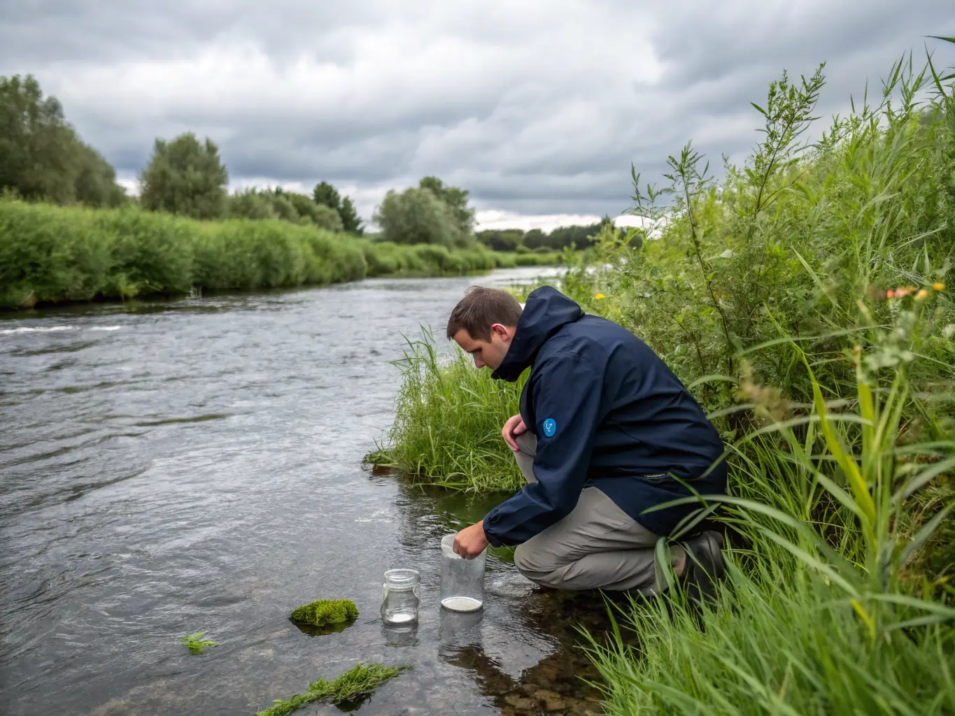 An image of a water monitoring activity, showing scientists collecting water samples and analyzing data to assess water quality and identify potential pollution sources. The image emphasizes the importance of scientific monitoring in protecting aquatic environments.
