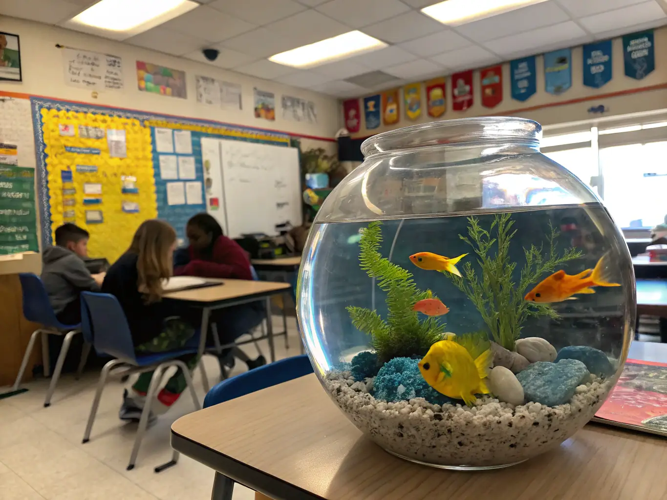 A group of children learning about fish species and aquatic ecosystems during an educational workshop, promoting environmental awareness and stewardship.